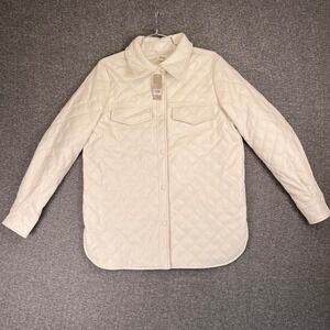 BKE Buckle Shacket Womens M Cream Quilted Faux Leather‎ Shirt Jacket Snap Button